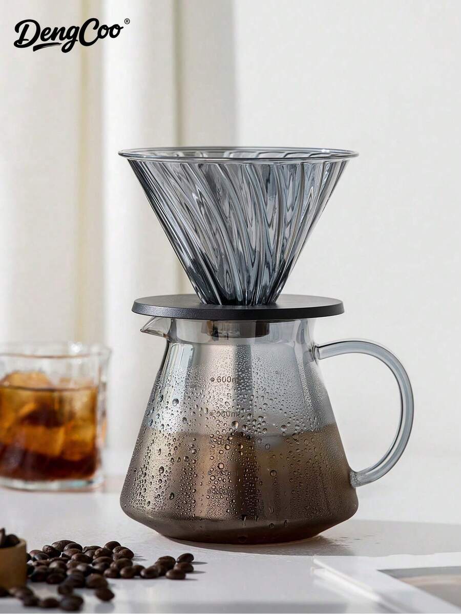 Dengcoo 1pc Pour Over Coffee Maker, V02 Coffee Tool, Coffee Dripper, 20oz/600ml Glass Water Bottle, Glass Poured On The Coffee Drip Filter, With Wooden Base Bracket, Suitable For Home Or Office. - Coffeeware - View 1