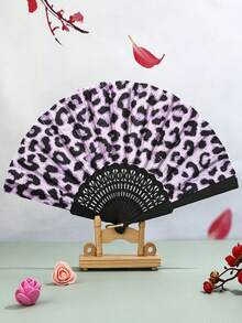 1 pieza Nuevo abanico plegable de seda con estampado de leopardo y mango negro - Multicolor - Ver 2