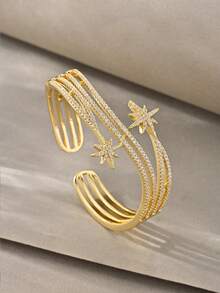 Gold Bracelet Set, Versatile Textured White Gold Copper Inlaid Zirconia, Suitable For Daily Wear, Gatherings, Dates, Parties, Gifts - Gold - View 2