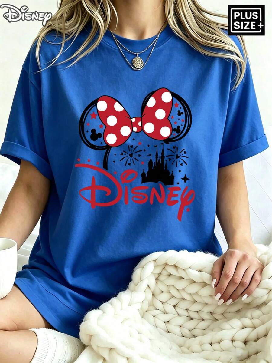 [Disney Official Authorization] Disney Authentic, Licensed, New Women's Casual Ribbed Crew Neck Short-Sleeved T-Shirt With Minnie Mouse Ears Print. Versatile And Retro Style, Suitable For Spring, Summer, And Autumn. Available In Sizes XS-XXL.Made From Soft, Comfortable, And Durable Pure Cotton, This Is An Ideal Choice For Spring And Summer. This Crew Neck T-Shirt Is Suitable For Various Occasions, Including Everyday Wear, Shopping, Parties, Travel, And Gatherings, And Also Makes A Thoughtful Gift.This Item Features A Loose Fit; If You Prefer A Slim Fit, We Recommend Ordering One Size Down. - Màu xanh lam - Xem 1