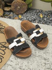 Mode Quadratische Schnalle Dekor Farbblock Cut Out Frauen Plateau Keilabsatz Bequeme Schwarze Slide Sandalen, Urlaubsstil Lässige Sommer Plateau Pantoffeln, Große Größen - Schwarz - Übersicht 6