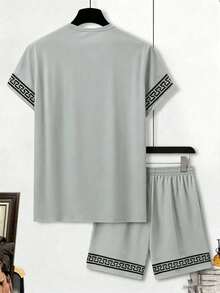 Men's Summer Loose Casual Fashion T-Shirt Thin Round Neck Print Quick-Dry Running Short Sleeve Shorts Set - Grey - View 3