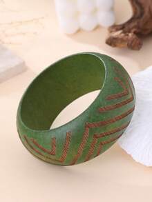 1pc Vintage Fashionable Exaggerated Boho Style Handcrafted Carved Serrated Natural Wood Wide Bangle Bracelet, Suitable For Beach, Music Festival, Vacation, Market, Afternoon Tea And Daily Wear - Moss Green - View 5