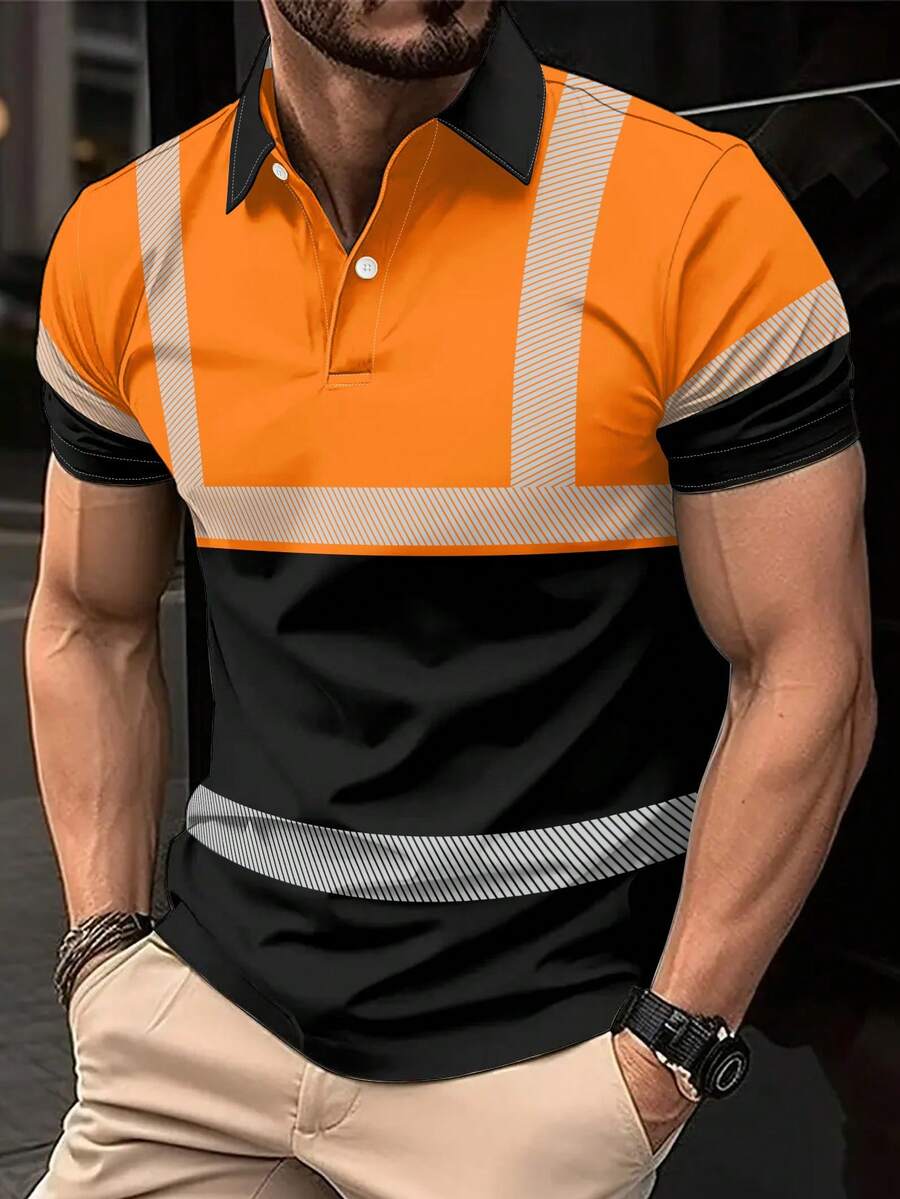 Men's Casual Summer Work POLO Shirt - Orange & Black Contrast Breathable Short Sleeve Crew Neck, Random Print Design - Multicolor - View 1