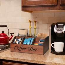 1pc 5-Compartment Wooden Coffee Bar Organizer, Vintage Country Style Countertop Storage Box For Coffee Capsules, Cups, Spoons And Accessories, Farmhouse Kitchen Coffee Station Decor - Multicolor - View 5
