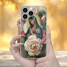 Funda para teléfono con la Virgen María rezando, color turquesa y rosas doradas. Compatible con Samsung, Apple, VIVO, OPPO, , Transsion, ,  y Honor. Fabricada en silicona TPU, ofrece protección contra golpes y caídas. - Blanco - Ver 1