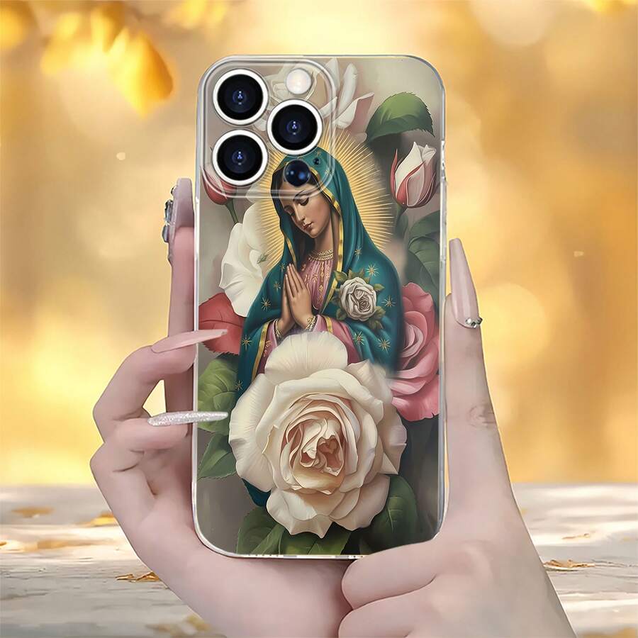 Funda para teléfono con la Virgen María rezando, color turquesa y rosas doradas. Compatible con Samsung, Apple, VIVO, OPPO, , Transsion, , y Honor. Fabricada en silicona TPU, ofrece protección contra golpes y caídas. - Blanco - Ver 1