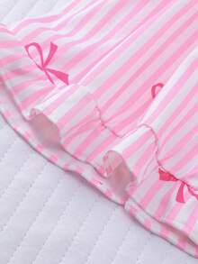 4件組女孩粉色條紋蝴蝶結睡衣家居服套裝，新款阻燃布料休閒舒適翻領開襟短袖短褲，粉色甜美蝴蝶結印花，兒童中大童女孩，日常穿著可外穿派對，兒童日常禮物休閒睡衣套裝 - 彩色 - 查看 10