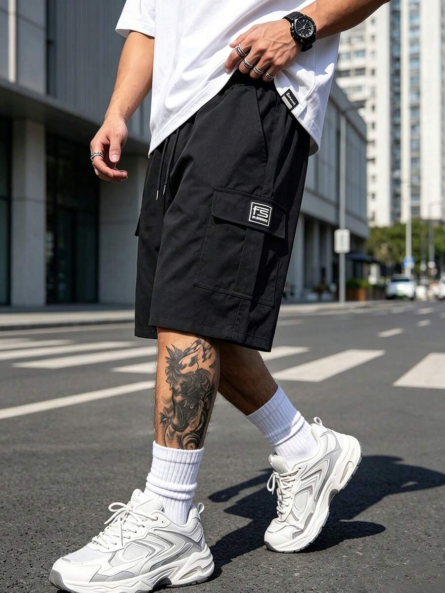 [High Street] Minimalist Multi-Pocket Solid Color Functional Cargo Shorts, Straight Leg Casual Shorts With Adjustable Drawstring Waist Sports - Black - View 1
