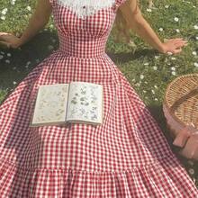 . .  MOD Vestido de manga corta con cuello de encaje y estampado de cuadros para mujer - Rojo y blanco - Ver 2