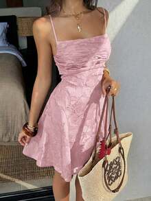 Vestido de mujer Unadoll de verano con cintura anudada, espalda descubierta, tela de encaje, sexy & elegante, adecuado para bodas, invitadas, fiesta de San Valentín en rosa - Rosa - Ver 5