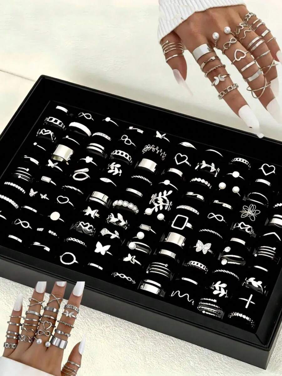 22pcs Assorted Butterfly & Flower Design Rings Set, Elegant Minimalist Mixed Styles, Suitable For Party & Daily Wear, Fashion Jewelry Gift, Random Delivery - Alloy Ring Women's Set - View 1
