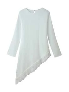 Women's Casual Lace Patchwork Top, Solid Color Long Sleeve With Drawstring Asymmetric Hem Pullover White - White - View 4