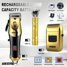 WEEME 专业理发套装 - 三合一电动剃须刀，包含理发器、胡须修剪器和剃须刀，可充电男士电动剃须刀，奢华金色设计 - 查看 3