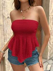 Strapless Solid-Color Bandeau Top With Ruffled Hem, Perfect For Vacation - Brown - View 3