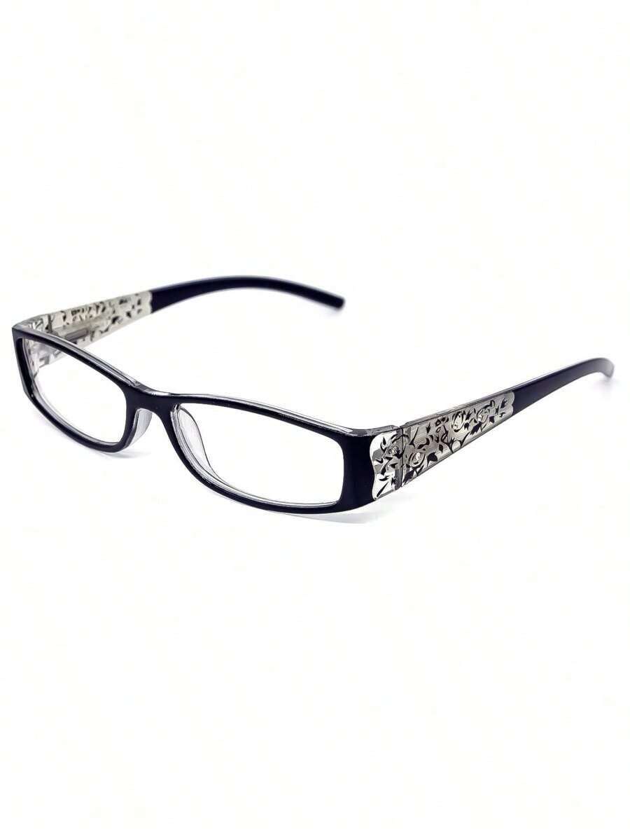 1 pieza de gafas de moda rectangulares decoradas con flores de pedrería, adecuadas para atuendos universitarios, trabajo y uso diario. - Negro - Ver 1