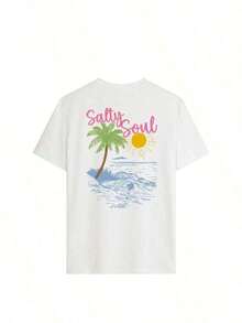 Women's OUL Short-Sleeved T-Shirt With A Round Neck And Coconut Tree And Sun Print, New Spring/Summer Collection, Versatile And Fashionable, Essential For Everyday Wear And Vacations. Women's Vacation Print T-Shirt - Vintage Style, Unisex, Loose Fit, Cotton, Short Sleeve, Round Neck, Blouses For Women. Casual Blouses For Ladies. - 白色 2 - 查看 3