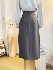 Falda lápiz ajustada de cintura alta con abertura lateral, elegante y de alta gama, para uso diario, en color gris, para primavera/verano - Gris - Ver 2