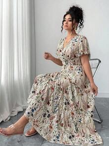 Vestido maxi de manga de campana con cuello en V, estampado floral diminuto y efecto estilizador de la cintura, para mujer de talla grande.Elegante y casual, apropiado para la primavera y el verano, ideal para looks de playa, vacaciones de primavera, té y Pascua. - Multicolor - Ver 1