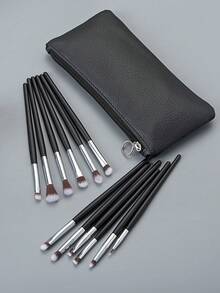 ronshadow Bộ cọ trang điểm 12 món màu đen và bạc kèm hộp da, bao gồm cọ tán phấn mắt, cọ pha màu, cọ chi tiết, cọ che khuyết điểm, cọ kẻ mày vát, cọ kẻ mắt, lông mềm mại, dụng cụ trang điểm mắt thân thiện với người mới bắt đầu. - màu đen - Xem 3