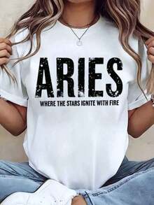 Women's T-Shirt With "Aries Where The Stars Ignite With Fire" Print, Round Neck, Basic Style For Casual Wear, Gift Idea, 220g - Urban Vintage Style, Unisex, Loose Fit, Cotton, Short Sleeve, Round Neck, 100% Pure Cotton - 白色 - 查看 6
