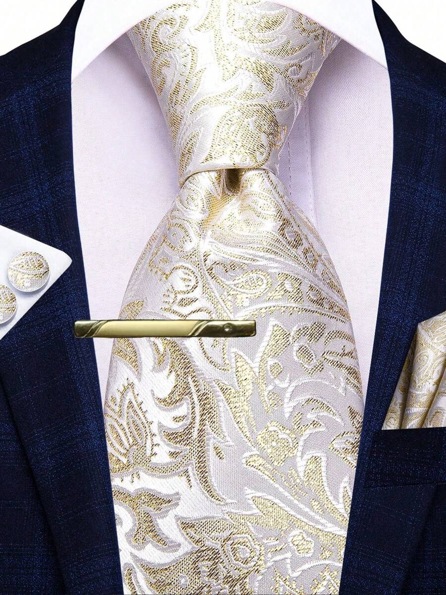 Bộ cà vạt nam màu be sâm panh họa tiết Paisley Eiffel - Bao gồm khăn cài túi áo, khuy măng sét và kẹp cà vạt vàng, thích hợp cho các dịp trang trọng. - Rượu sâm banh - Xem 1