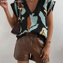 Soqi Women's Clothing  Chaleco De Punto Sin Mangas Con Cuello En V Y Bloques De Color - Multicolor - Ver 1