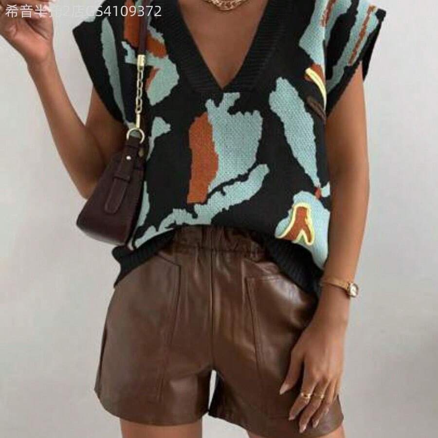 Soqi Women's Clothing Chaleco De Punto Sin Mangas Con Cuello En V Y Bloques De Color - Multicolor - Ver 1