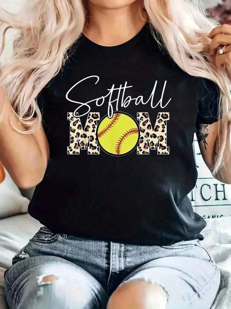 Women's Soft Cotton T-Shirt, Softball Mom Print T-Shirt, Casual Short Sleeve Crew Neck T-Shirt, Comfortable For Spring And Summer, Women's Clothing, Comfortable Mother's Day Outfit, 100% Cotton - 黑色 - 查看 1