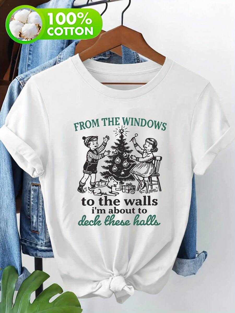 Simple And Versatile Design, Women's 100% Cotton Short-Sleeved Crew Neck T-Shirt With Fun Christmas-Themed Text And Retro Cartoon Prints. Comfortable And Eye-Catching, It's A Great Choice For Holiday Wear! Cotton T-Shirt. - 白色 - 查看 1