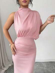 Vestido ajustado y acampanado sin mangas con cuello fruncido en color borgoña, para primavera/verano - Rosa - Ver 7