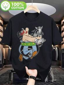 Men's And Women's Crew Neck T-Shirt - Funny Cat Duo Graphic Tee, Soft Everyday Tee For Gym, Hiking, Lounging - Machine Washable Casual Top For Couples And Cat Lovers, Active Lifestyle Tee, Cartoon Character Design, Comfortable Clothing - 黑色 - 查看 1