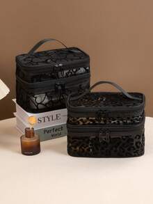 1pc Mesh Cosmetic Bag, Double Layer Large Capacity Storage Bag, Fashion Toiletry Makeup Pouch - Black - View 6