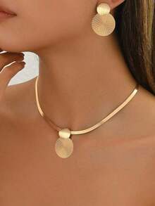 3-Piece Jewelry Set With Necklace + Earrings For Women, Elegant Gold Flat Chain Choker Necklace With Geometric Spiral Design And Round Pendant, High-End Gift Accessories For Daily Wear, Holidays And All Seasons - 多拉多 - 查看 6