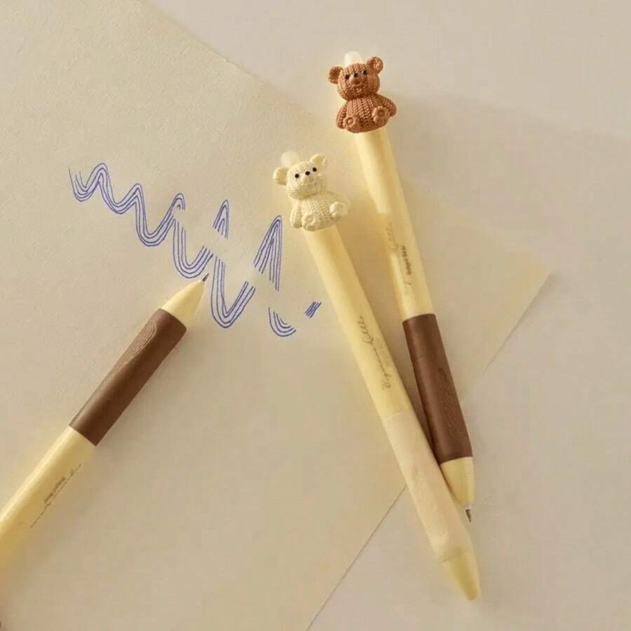 1支細尖可伸縮筆附橡皮擦 - 可愛熊設計,書寫流暢且可修正,耐用塑料,可伸縮橡皮擦,適合14歲以上 - 彩色 - 查看 1