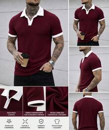 Men's Ribbed Cotton Polo Shirt, Slim Fit, Collar, Brazilian Style, Sporty, Casual, Premium Comfort, World Cup, Summer 2026 Fashion - POLO 男士葡萄酒 - 查看 4