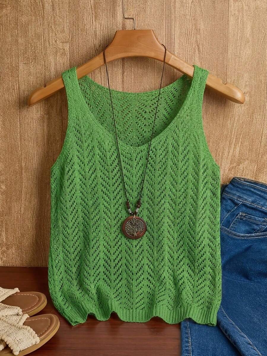 Chaleco sin mangas de punto calado y transpirable de unicolor, adecuado para deportes, fitness, uso diario, vacaciones de verano, casual, unisex, suave y cómodo, primavera/verano - Verde - Ver 1