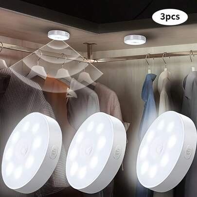3 piezas Luces LED inteligentes con sensor de movimiento para techo/pared/debajo del gabinete, alimentadas por USB recargables, regulables, inalámbricas con detección de movimiento, diseño de riel magnético, fácil instalación, adecuadas para cocina, escaleras, armario, despensa - Bombillas LED, enchufar y usar, carcasa de plástico resistente, compatible con dispositivos alimentados por USB