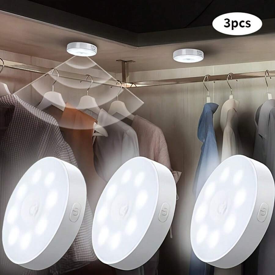 3pcs Smart LED Motion Sensor Ceiling/Wall/Under Cabinet Lights, USB Powered Rechargeable Battery, Dimmable Wireless Lighting With Motion Detection, Magnetic Track Design, Easy Installation, Suitable For Kitchen, Stairs, Closet, Pantry - LED Bulbs, Plug And Play, Durable Plastic Housing, Compatible With USB Powered Devices