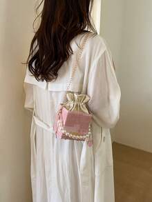 Mini Pleated Drawstring Box, Acrylic, Fashion Drawstring Pouch, Pearl Handbag - Pink - View 4