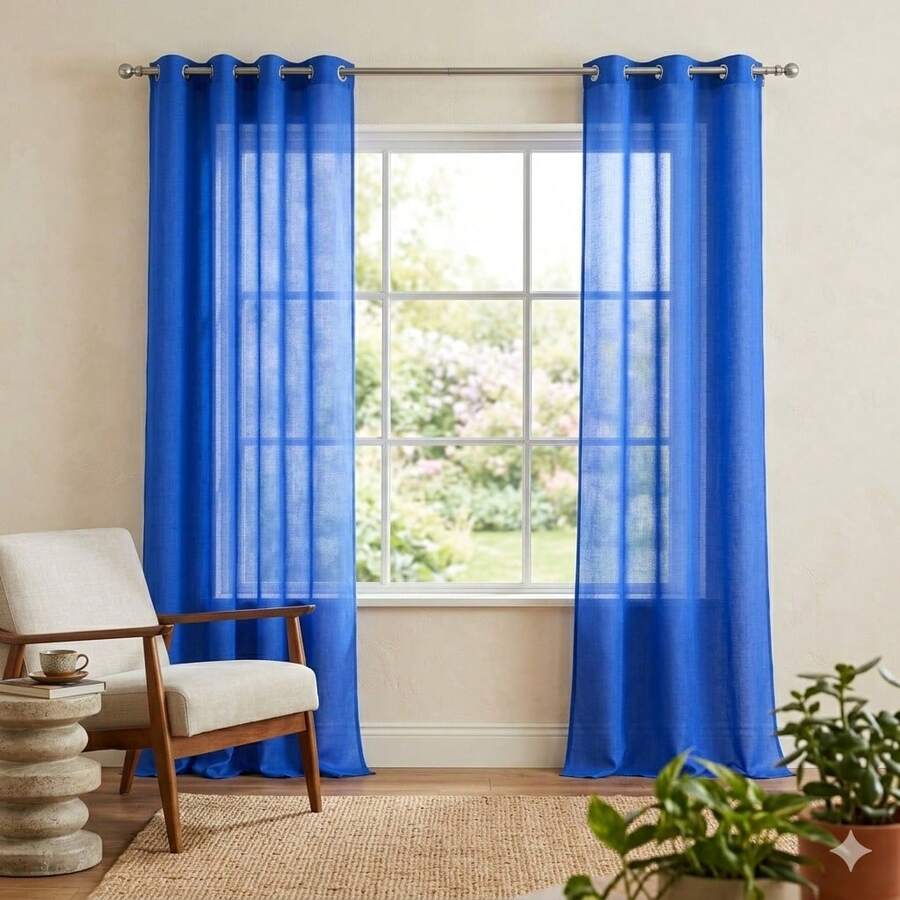 Semi-Sheer Curtains With Grommets For Installation On Standard Rods. The Fine, Airy Fabric Lets In Soft Light, Protects Privacy, And Complements A Variety Of Decorating Styles In Bedrooms And Living Rooms. - 深藍色 - 查看 1
