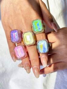 Anillo de cristal de resina rectangular iridiscente y colorido, anillo de resina grande y exagerado de color caramelo, joyería de primavera personalizada y de moda, accesorios de estilo del milenio Y2K - Multicolor - Ver 4