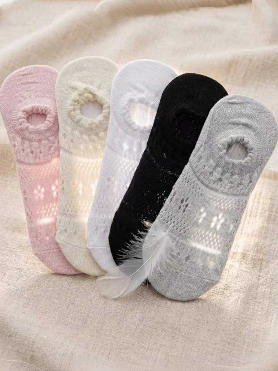 5雙新款夏季薄款透氣防滑低口隱形襪女款,韓系白色短襪,隨機發貨 - 彩色 - 查看 1