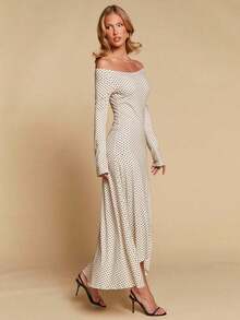 Vestido de mujer de cuello en V elegante, de manga larga, de unicolor, con dobladillo irregular, versátil para ir al trabajo, la oficina, salir, fiestas, bodas y la playa - Albaricoque - Ver 4