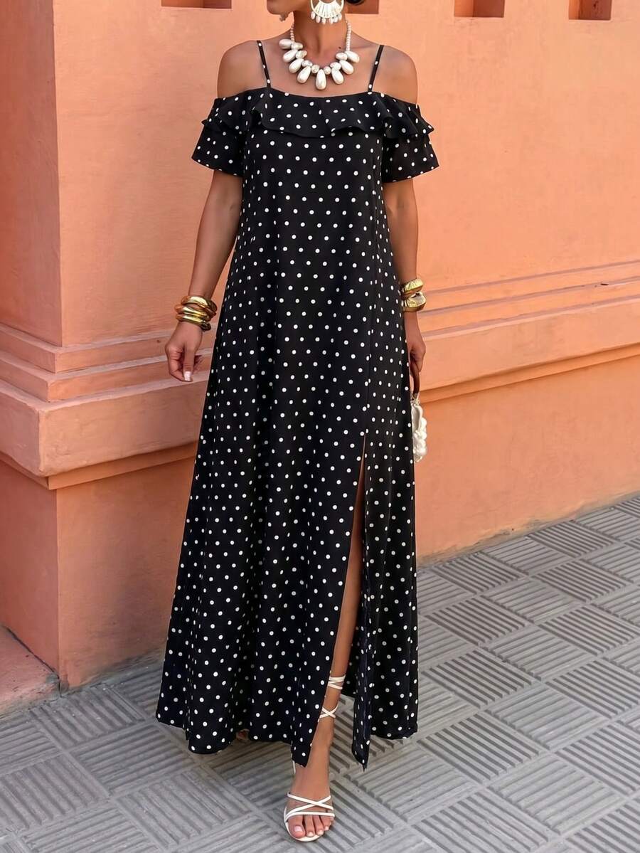 Elegant Bohemian Style Off-Shoulder Polka Dot Maxi Dress, Short Sleeve Fitted Woven Fabric, Slit Design Summer - Multicolor - View 1