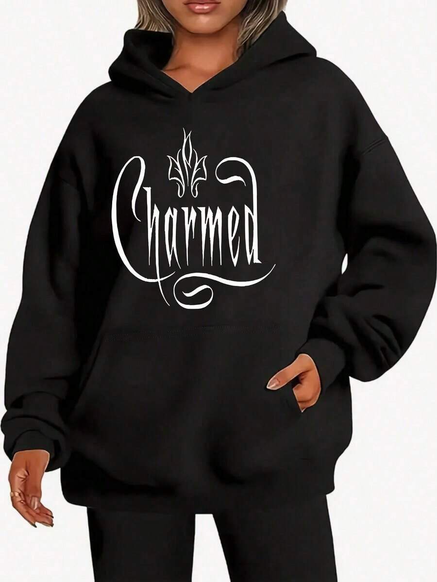 Compatible With The Women's Hoodie With A Charming Design - Soft Sweater, Stylish Black Letter Print, Essential For Casual Daily Wear And Halloween Parties, Comfortable And Stylish Design. - 黑色 - 查看 1