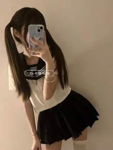 Women Skirts - Two White Short-sleeved Shirts + Navy Blue Mini Skirt - View 2
