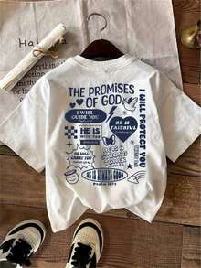 GOD'S PROMISES Fashionable Short Sleeve T-Shirt With Double-Sided Print, Casual Round Neck, Women's Clothing. Fashion Items. Best Selling Item. Casual Blouses For Ladies. Latest Style. Casual Style. Sportswear. Y2K Style, Round Neck, 100% Cotton, Soft Fabric, Short Sleeve. - 白色的 - 查看 2