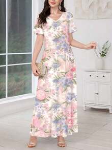 Al Najma Vestido de punto con estampado floral de cuello en V y manga corta para mujer, adecuado para usar como prenda exterior o para capas, ideal para citas, vacaciones, uso diario, casual, fiestas, vacaciones, primavera/verano - Blanco - Ver 4