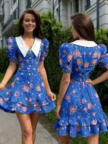Spring/Summer Casual Style Dress With Collar, Front Buttons, Tie Back And Tie-Dye Print, For Everyday Wear, Western Style, Bohemian, Music Festivals, Vacation, Fairycore Style, Elegant For Women - 鮮紅色 - 查看 2